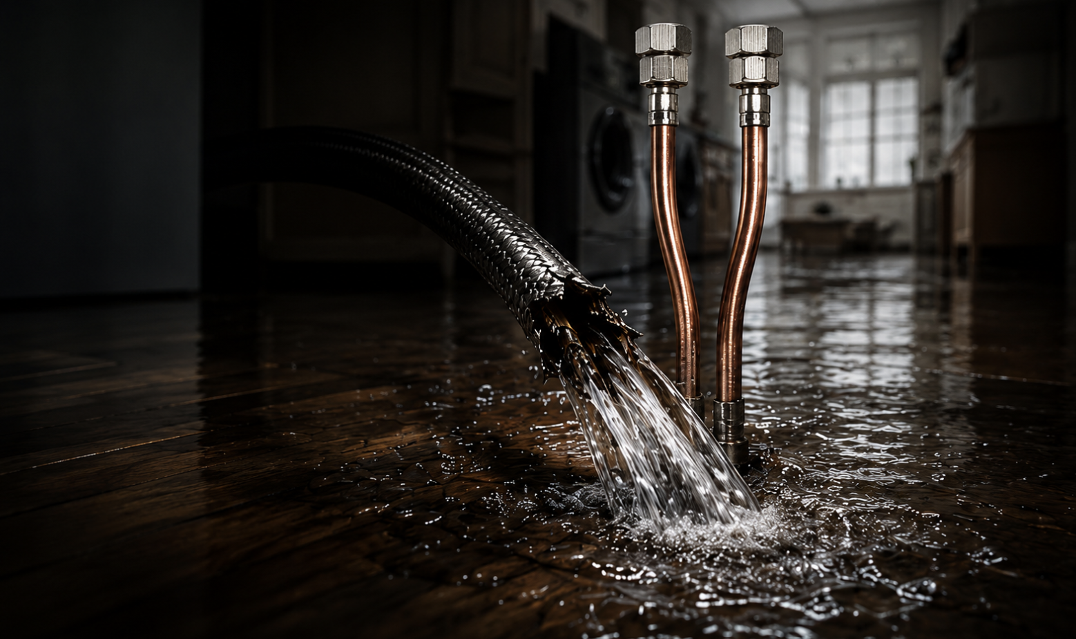 Burst flexi hose flooding a laundry floor